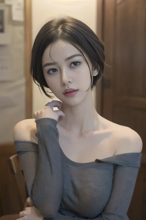 Best quality, masterpiece, ultra high res, (photorealistic:1.5), raw photo, 1girl, offshoulder, in the dark, deep shadow, low key, cold light, sexy look, short hair