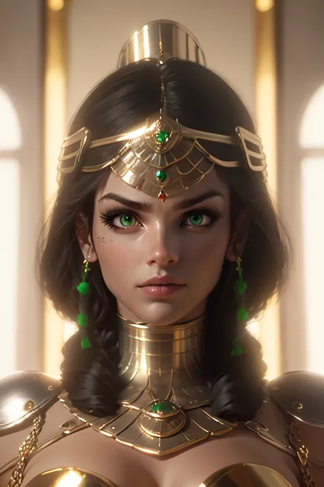 hyper realistic portrait shot of a beautiful egyptian queen, looking down proudly on the camera with her expressive green eyes, tanned skin tone , thin nose , black braided bob hair with golden accessories and jewelries , wearing a white see tough dress