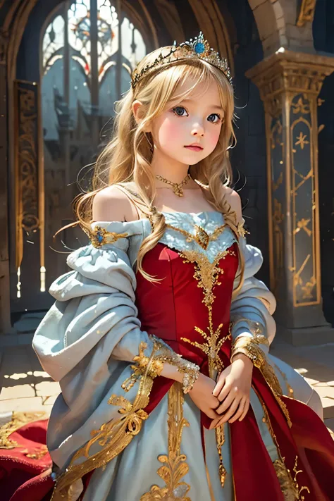 Little young girl,blond hair,cute,fantasy, gorgeous dress ,tiara,odd-eye,red carpet,Castle,bouquet,Princess,is young