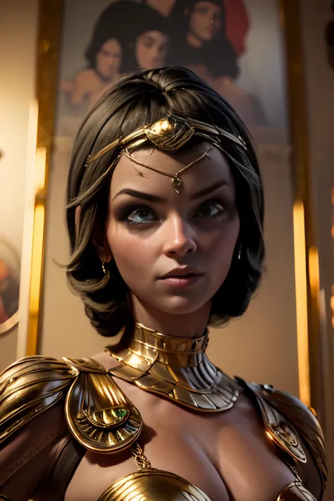 hyper realistic portrait shot of a beautiful egyptian queen, looking down proudly on the camera with her expressive green eyes, tanned skin tone , thin nose , black braided bob hair with golden accessories and jewelries , wearing a white see tough dress