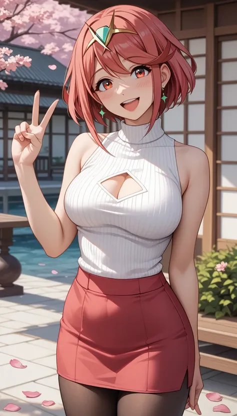 score_9, score_8_up, score_7_up, source_anime、top quality、8k、 masterpiece、ultra high definition、 natural light、perfect anatomy、 perfect eyes、beautiful eyes、one woman、medium breasts、saggy breasts:1.4、Pyra , (sleeveless rib knit sweater、Tight Pencil Skirt、pa...