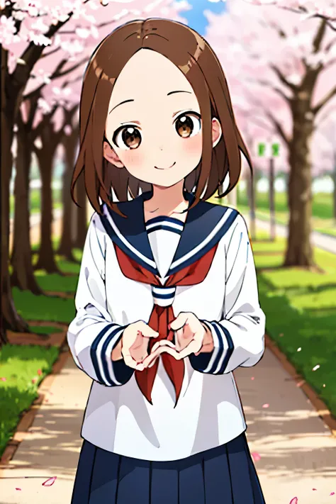chii, 1girl, solo, brown hair, parted bangs, forehead, brown eyes, blush, smile, serafuku, sailor collar, red neckerchief, blue skirt, looking at viewer, long sleeves, sunlight, outdoors, tree, cherry blossoms, petals, turning head,