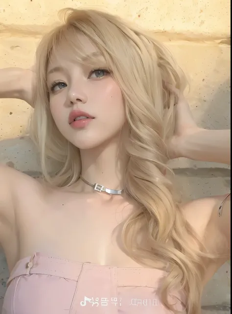 Blonde woman with long hair posing in front of a stone wall., Lalisa Manobal, roseanne park of blackpink, Sakimichan, ulzzang, heonhwa choe, Lalisa Manoban of Blackpink, sun yunjoo,  with long blond hair , Hermosa Delphine,  a girl with blond hair , Korean...