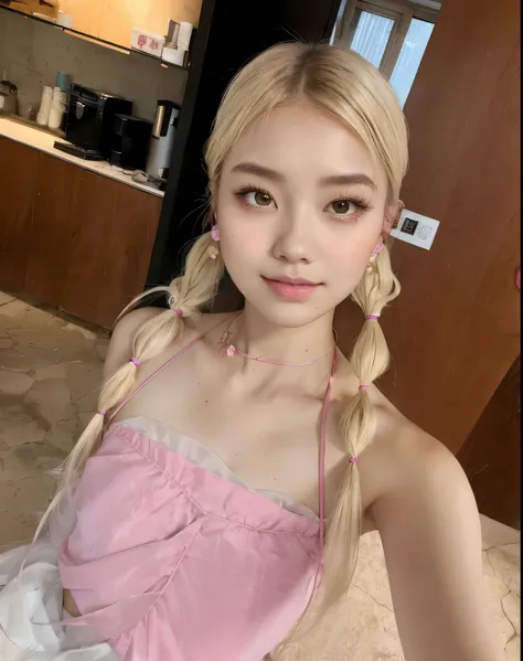Araffe girl with blonde hair wearing a pink dress and a pink necklace, roseanne park of blackpink, tzuyu twice, pigtail hairstyle, heonhwa choe, Lalisa Manobal, Jaeyeon Nam, Hairstyle twintails, ulzzang, Hermosa Delphine, beautiful South Korean woman , S...