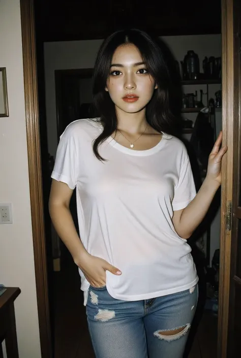 {(no bra, braless)} Taken from a Leica m9 50mm 1.2, lowlight photography, At the house, seductive small smile, My Sweet adorable innocent and sexy mommy is standing in the doorway from the cluttered but homey and cozy countryside kitchen looking at me in p...