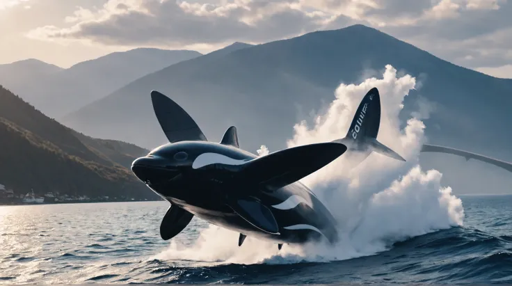 A majestic orca whale, its body gleaming in the sunlight, proudly displays a massive rotary propeller engine attached to its nose. The blades spin at an incredible pace, generating a whirlwind of diesel smoke and flames as it revs up like a dragster. With ...