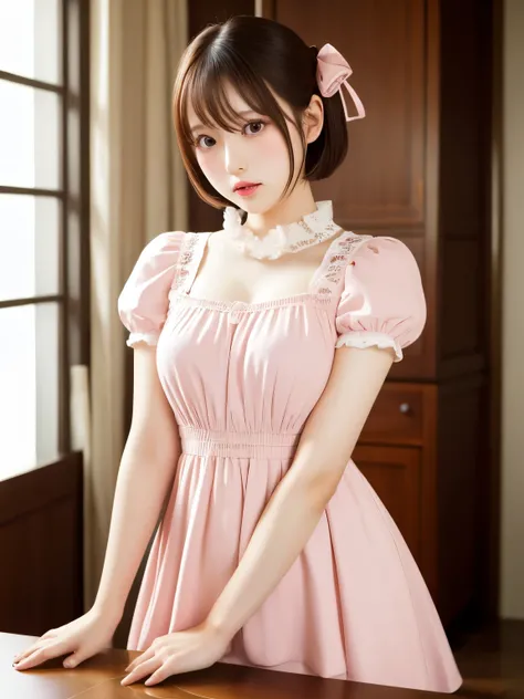 (highest resolution, clearly_ images), top quality, masterpiece, Pink Lolita Dress Lolita、Japanese actress face、light makeup、embarrassed expression、Perfect limbs、short hair、Table sex、putting hands on the table、Press your crotch against the corner of the ta...