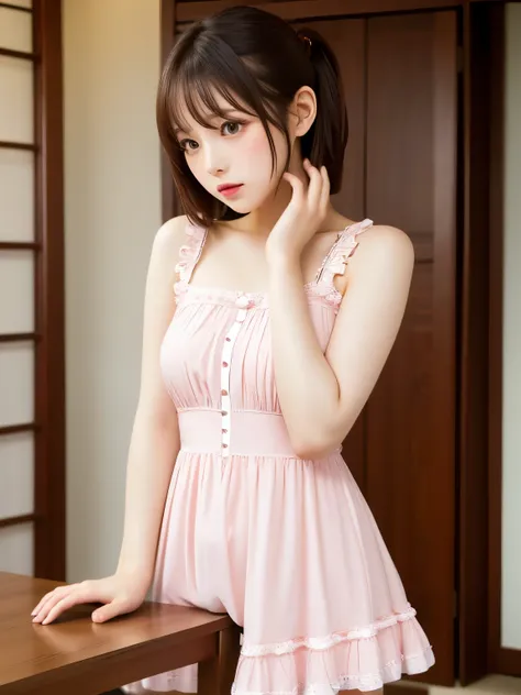 (highest resolution, clearly_ images), top quality, masterpiece, Pink Lolita Dress Lolita、Japanese actress face、light makeup、embarrassed expression、Perfect limbs、short hair、Table sex、putting hands on the table、Press your crotch against the corner of the ta...