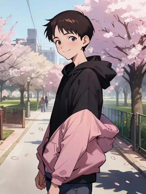 ((masterpiece)), top quality, (1boy:1.4), solo, (ikarishinji), black hoodie, male focus, looking at viewer, shy, light smile, city park road, cherry blossoms, cowboy shot, from front,
