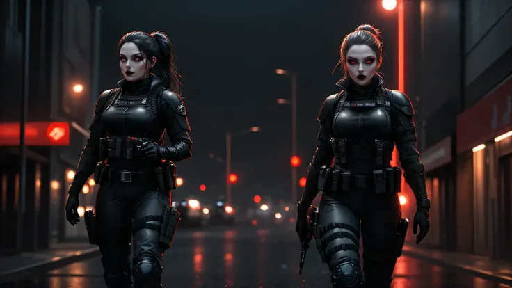cinematic portrait of a beautiful female vampire standing still, facing the observer directly, pale skin, piercing red glowing eyes, subtle sharp fangs visible, strong and athletic build, curvy yet muscular body, dressed in black tactical special ops outfi...