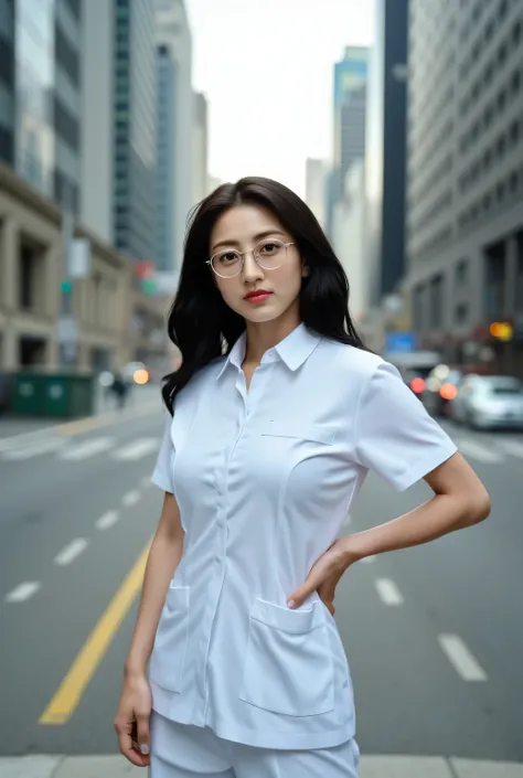 a beautiful woman, standing in the middle of the city , body facing front, using a long white nurse shirt, white trousers , round glasses, big , red lips, dark hair