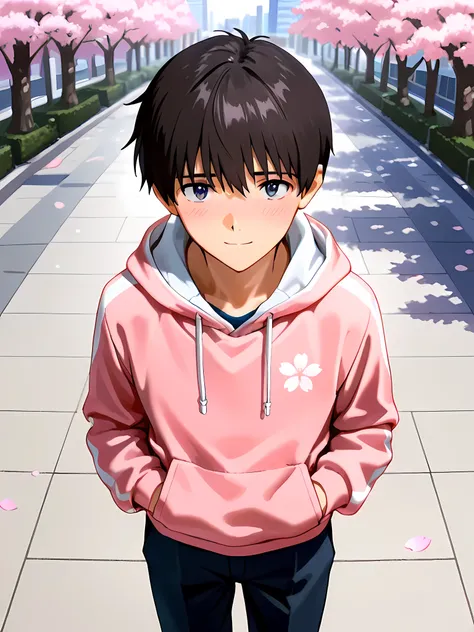 ((masterpiece)), top quality, (1boy:1.4), solo, ikarishinji, pink sakura printed hoodie, male focus, looking at viewer, shy, light smile, city park road, cherry blossoms, cowboy shot, (from front view), (from above),