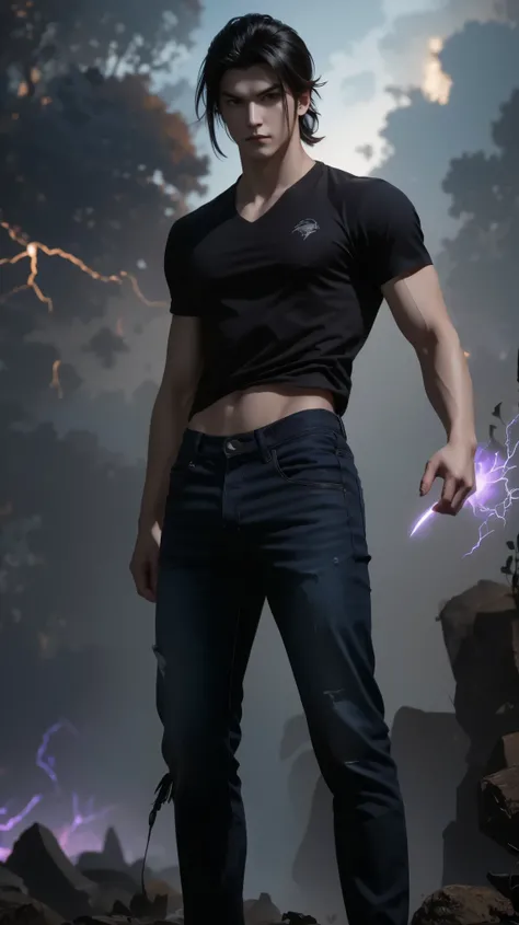 Create an ultra-detailed digital artwork of Sung Jin Woo from "Solo Leveling" in his casual outfit. He is wearing a simple black t-shirt and dark fitted jeans, standing confidently with hands in his pockets. His eyes glow with a faint violet light, and dar...