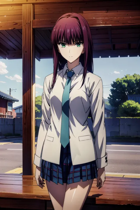 girl wearing blazer uniform,宝石のような瞳, 超 high resolution, ((( green eyes))),赤 purple hair, beautifulアニメ高校の女の子,( masterpiece:1.2, 最 high quality DVD ), ( exists, photo exists:1.4), beautifulイラスト, ( natural light , Movie Screenplay ), nsfw, watch viewers , CO...