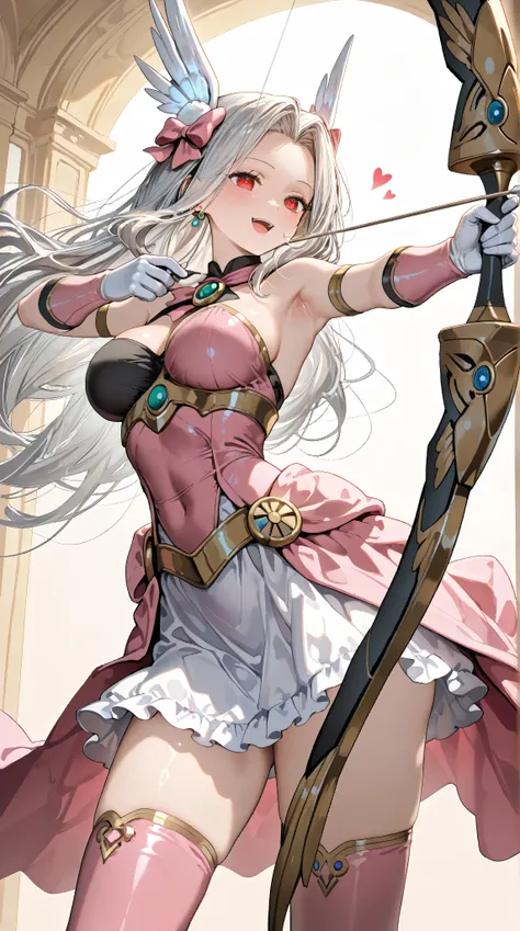 cowboy shot,upper body,1girl,(Irisviel von Einzbern),mature female,red eyes,solo,bangs,large_breasts,(Valkyrie),white gloves,pink footwear,high heels,pink boots,pink bow,blue bow,bow,brooch,dress,standing,earrings,frilled dress,frills,gloves,hair bow,heart...