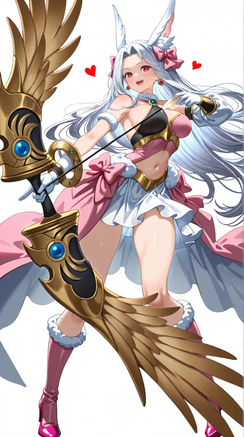 1girl,(Irisviel von Einzbern),mature female,red eyes,solo,bangs,large_breasts,(Valkyrie),white gloves,pink footwear,high heels,pink boots,pink bow,blue bow,bow,brooch,dress,standing,earrings,frilled dress,frills,gloves,hair bow,heart,jewelry,seductive smil...