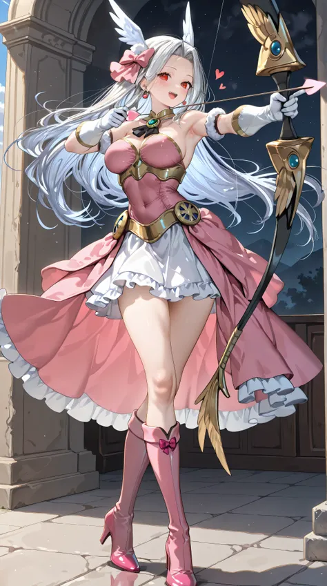 1girl,(Irisviel von Einzbern),mature female,red eyes,solo,bangs,large_breasts,(Valkyrie),white gloves,pink footwear,high heels,pink boots,pink bow,blue bow,bow,brooch,dress,standing,earrings,frilled dress,frills,gloves,hair bow,heart,jewelry,seductive smil...