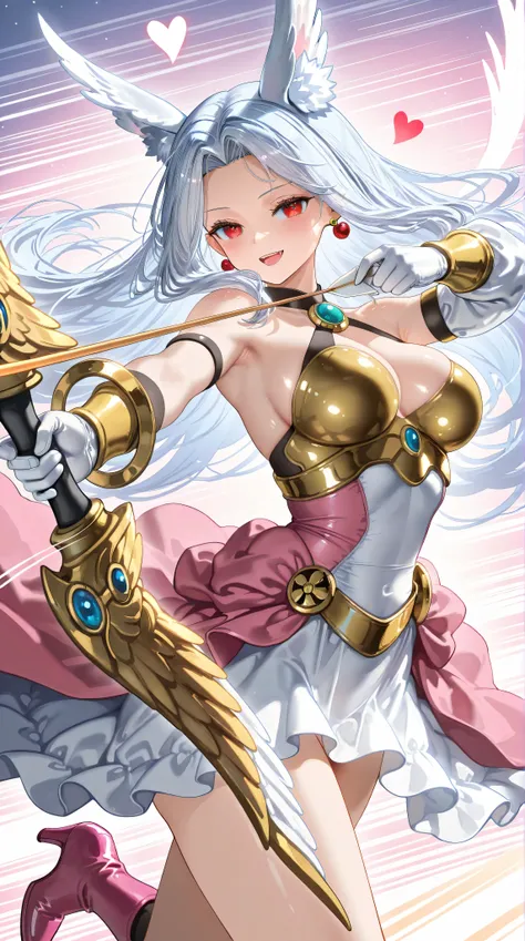 cowboy shot,upper body,1girl,(Irisviel von Einzbern),mature female,red eyes,solo,bangs,large_breasts,(Valkyrie),white gloves,pink footwear,high heels,pink boots,pink bow,blue bow,bow,brooch,dress,standing,earrings,frilled dress,frills,gloves,hair bow,heart...