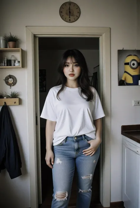 (quirky portrait of a yellow minion on the wall) Enormous and huge breasts , ((heavy breathing:1.3)), love, heart, crop top, happy, smile {(no bra, braless)} Taken from a Leica m9 50mm 1.2, lowlight photography, At the house, white and white seductive smal...
