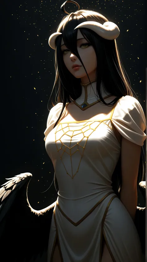 A high resolution, Sharp focus, Pixiv masterpiece, ((Intricate details)), Highly detailed, 1girl, Black wings, Gold-white dress, White horns, Albedo_Overlord, Black hair, (Low wing,:1.1), Upper body, black background, gold dust, gold sparks, gold particles...