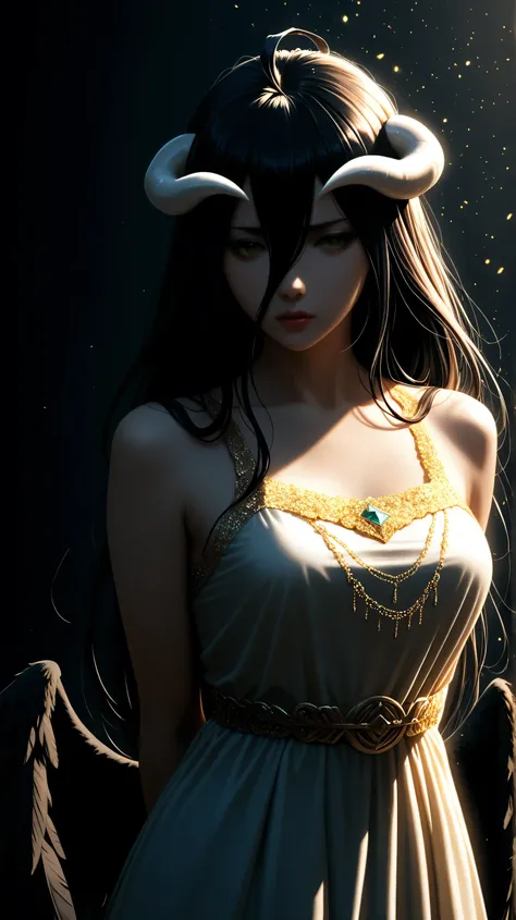 A high resolution, Sharp focus, Pixiv masterpiece, ((Intricate details)), Highly detailed, 1girl, Black wings, Gold-white dress, White horns, Albedo_Overlord, Black hair, (Low wing,:1.1), Upper body, black background, gold dust, gold sparks, gold particles...