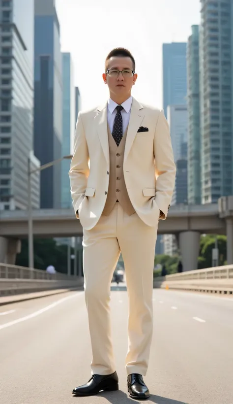 This photo shows a 40-year-old Vietnamese man wearing prescription glasses, tall, angular face with fair skin, standing on a high-rise road or overpass in a modern urban area. He is wearing an elegant cream-colored suit, including a slim-fit blazer, matchi...