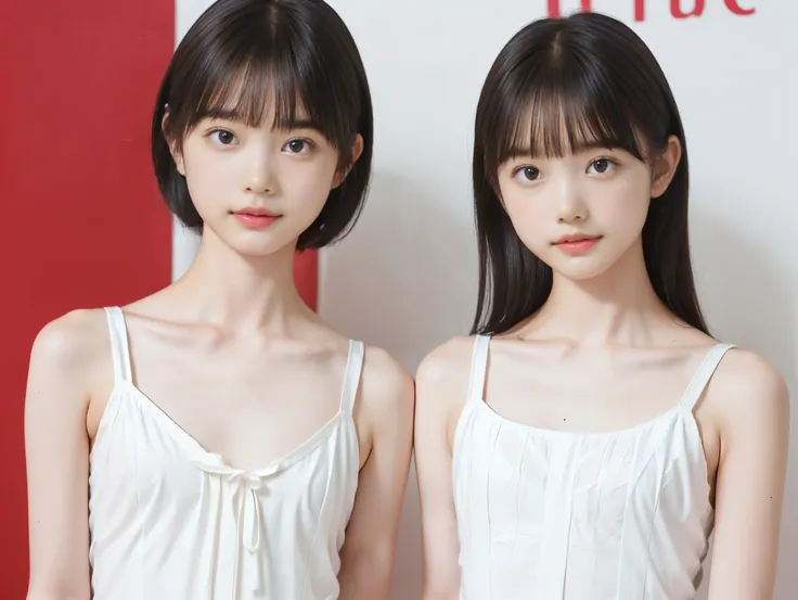 ((2girls)), (((flat chest:1.5))), (((white camisole dress))), (two toddler girls, short hair girl and long hair girl, in old apartment at late night, toddler), ((pale skin:1.3, toddler body)), (baby face:1.3), red room, red wallpaper, narrow room, night ti...