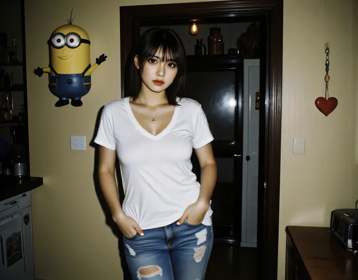 quirky portrait of a yellow minion on the wall) Enormous and huge breasts , ((heavy breathing:1.3)), love, heart, crop top, happy, smile {(no bra, braless)} Taken from a Leica m9 50mm 1.2, lowlight photography, At the house, white and white seductive small...