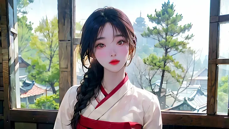 A beautiful Korean woman wearing a traditional hanbok with jeogori and chima, standing in a Joseon dynasty palace, with braided hair adorned with a binyeo, photorealistic, 4k resolution."​,고화질,upper body portrait of a beautiful korean woman, looking at the...