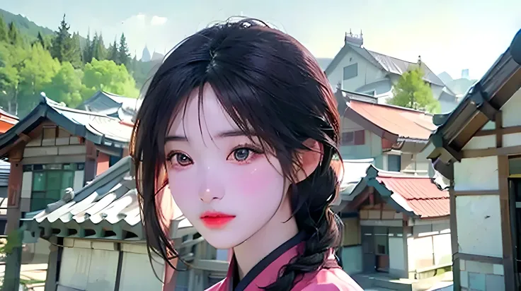 bust,An unbreakable face,pretty face,Hanbok with a pink skirt,Braided hair on one side,Light makeup,Old Korean background,Background showing a tiled house,best quality,4K,ultra-detailed,realistic,photorealistic,HDR,studio lighting,vivid colors,detailed fac...