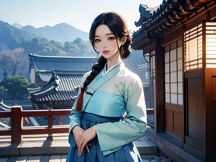 A beautiful Korean woman wearing a traditional hanbok with jeogori and chima, standing in a Joseon dynasty palace, with braided hair adorned with a binyeo, photorealistic, 4k resolution."​