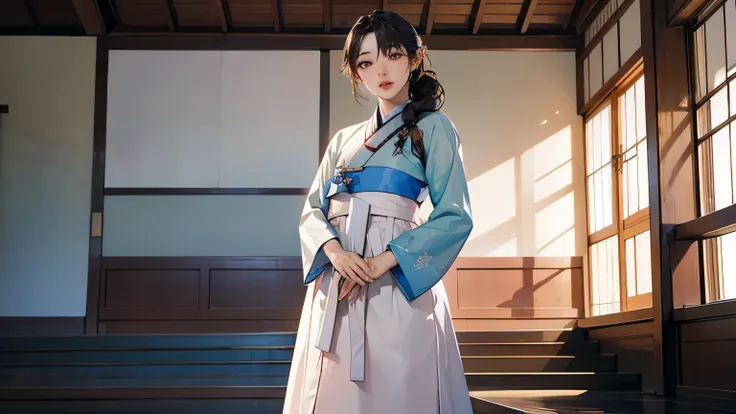 A beautiful Korean woman wearing a traditional hanbok with jeogori and chima, standing in a Joseon dynasty palace, with braided hair adorned with a binyeo, photorealistic, 4k resolution."​,고화질