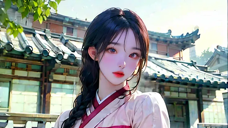 bust,An unbreakable face,pretty face,Hanbok with a pink skirt,Braided hair on one side,Light makeup,Old Korean background,Background showing a tiled house,best quality,4K,ultra-detailed,realistic,photorealistic,HDR,studio lighting,vivid colors,detailed fac...