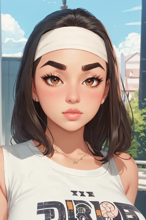 perfect face, face, long hair, black hair, (bandhead), (white bandhead), black eyebrows, thick eyebrows, brown eyes, black eyeliners, blush, nose, thick lips, beautiful woman, necklace star, huge breasts, tank top, white tank top, forest, cloud sky