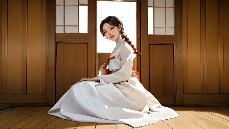a breathtakingly beautiful korean woman wearing a traditional hanbok with jeogori and chima, sitting on the wooden floor of a traditional hanok from the Joseon dynasty, full body in frame, legs spread apart in a natural traditional sitting pose, detailed b...