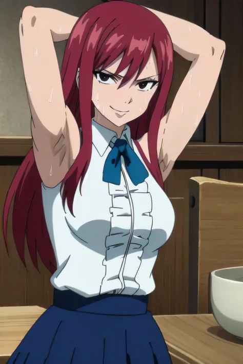 1girl, solo, upper body, facing viewer, looking at viewer, smile, ERZASCARLET, BARE SHOULDERS, WHITE SHIRT, BLUE SKIRT,armpits,armpit,sweat,sweaty,sweaty armpits,awesome armpits,tired,exhausted,sensual expression 