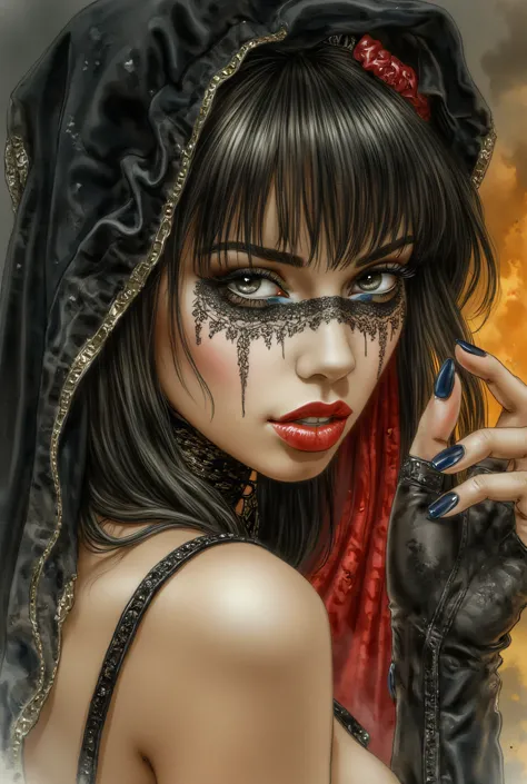Stunning woman in love, intense and intimidated gaze towards the viewer. Thriving physique, slight mischievous smile. A slight blush on her cheeks. She plays with her fingers in her hair. Her head is slightly tilted, mischievous nose furrowed, face plunged...