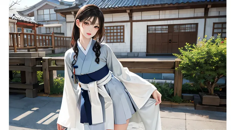 beautiful Korean woman,Joseon Dynasty background,Hanbok outfit,showing her upper body up to her waist,고화질,Clear Features,standing in front of a tiled house in front of a village,Scenery,person,Traditional clothing,Realistic,4K,detailed description,Natural ...