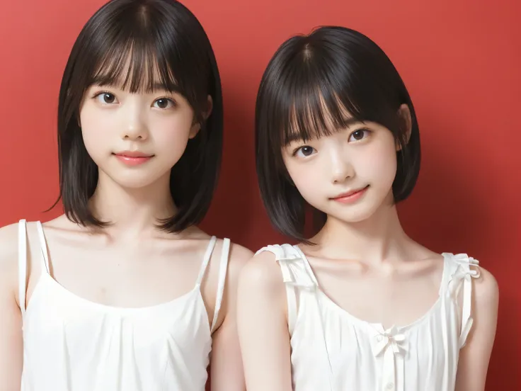 ((2girls)), (((flat chest:1.5))), (((white camisole dress))), (two toddler girls, short hair girl and long hair girl, in old apartment at late night, toddler), ((pale skin:1.3, toddler body)), (smile, baby face:1.3), red room, red wallpaper, narrow room, n...