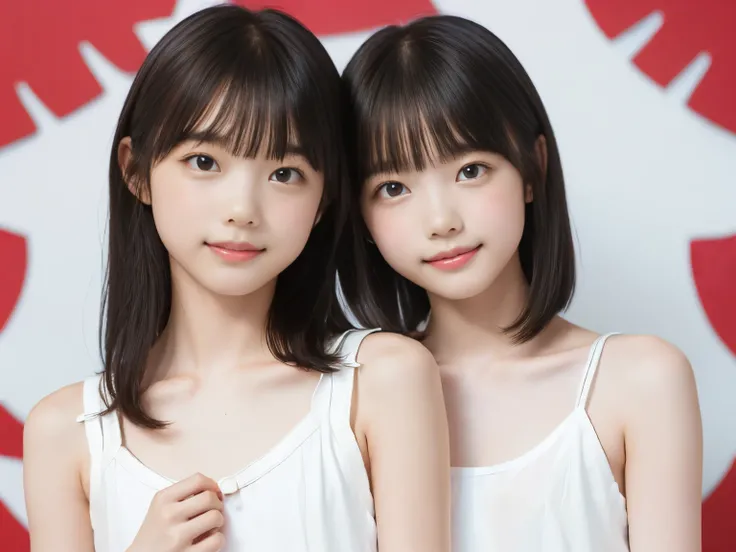 ((2girls)), (((flat chest:1.5))), (((white camisole dress))), (two toddler girls, short hair girl and long hair girl, in old apartment at late night, toddler), ((pale skin:1.3, toddler body)), (smile, baby face:1.3), red room, red wallpaper, narrow room, n...