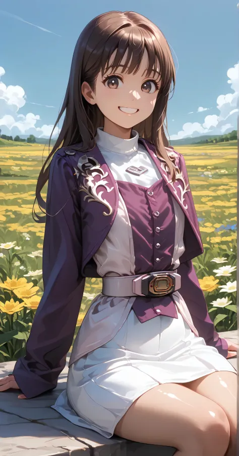 (高精細CG), (top quality),((frontal view)), ((Flower field background)),((Composition showing the top from the waist)),((Lower your arms)),(( 1girl )),perfect face, shiny skin , wide hips, Thin Waist, purple bolero jacket, Long Sleeve, (((white skirt))), ...