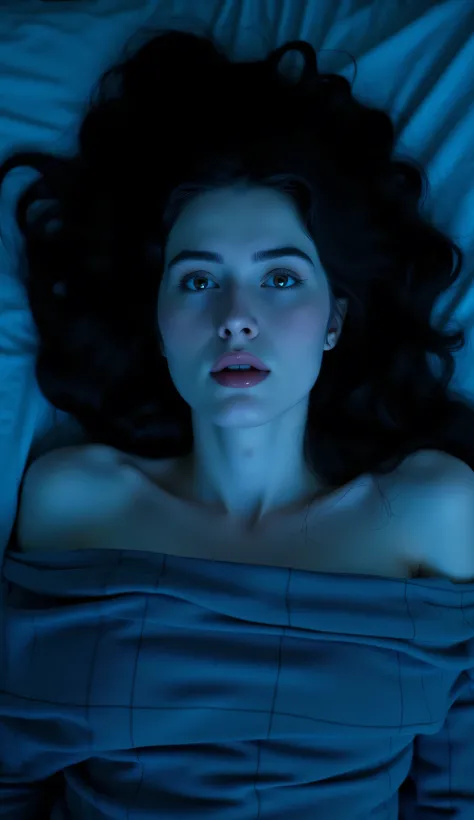 A full body dramatic artistic top-down shot from above of a beautiful young woman with dark wavy hairstyle, ((very pale skin)), laying in bed, looking up at the camera, deep in thought and contemplating, cuddled up in a gray checkered blanket, cinematic sh...