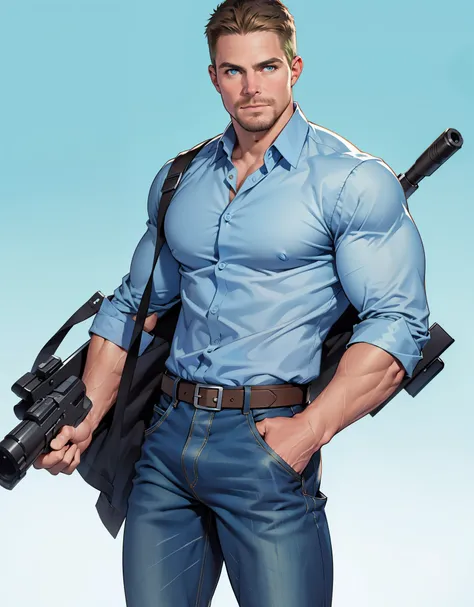 1 man, male focus solo,45 yo man,Stephen AMELL as private investigator, lean muscle, open blue shirt, marine blue jeans with brown belt ,( big bulge), full body shot, dark blond short hair, well groomed facial hair, holding a gun with one hand, , ultra hi...