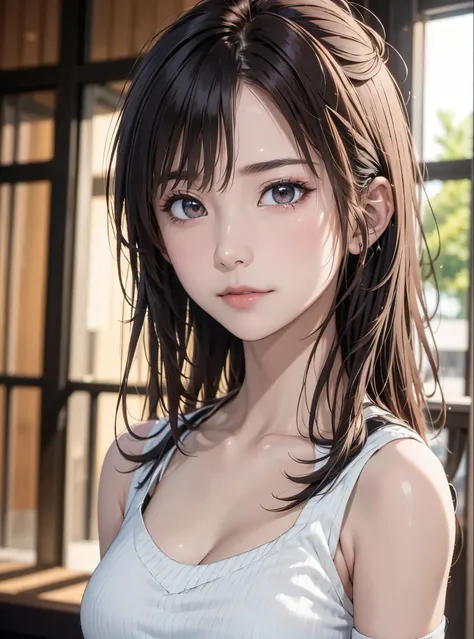 (in 8K, top-quality, masterpiece:1.2), (realisitic, Photorealsitic:1.37), ultra-detailliert, Natural sunlight, mideum breasts, I can see the cleavage, 1 persons, 25 year old woman, Dark hair, Pendants, Torn shorts, Light Knit V-Neck Shirt, At the time of ...
