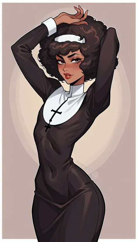 better quality, very detailed illustration short ruffled voluminous bouncy hair , afro hair, playful look, delgado, ideal body, thin waist , wide hips, simple drawing, Artifyber style , pastel flat colors , nun outfit, sexy, close up, femboy, sexy, arms ab...