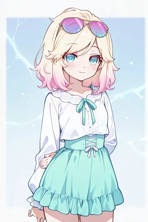 A pastel-colored anime-style illustration of a young adult girl with light-colored hair (not blonde) and bright, light eyes. She has a soft, delicate expression, with gentle lighting enhancing the dreamy atmosphere. The background is a harmonious blend of ...