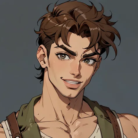 masterpiece, best quality,portrait, jojo bizarre adventure, 1 boy, solo, low fade, brown hair, smile, tan skin,
