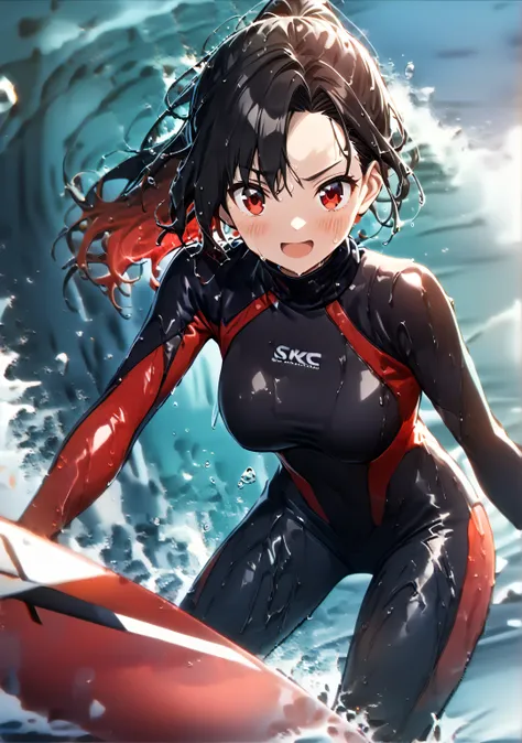 1 girl, Game CG, 
shallow depth of field, a portrait with a soft Gaussian blurred background, creating a dreamy atmosphere, 
standing, looking viewer, beaming face, open mouth, blush, incrssurfing, surfing,
surfboard,

(Black Hair, dark scarlet inner color...