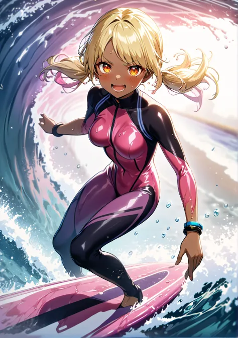1 girl, Game CG, 
shallow depth of field, a portrait with a soft Gaussian blurred background, creating a dreamy atmosphere, 
standing, looking viewer, beaming face, open mouth, blush, incrssurfing, surfing,
surfboard,

(blond Hair, light pink inner corlor,...