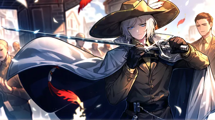 1male, white hair , gloves , (project moon\) , black gloves , blue eyes , , white cape , shirt , hat , white and gold shirt , holding a bayonet sword in one hand , plume , short hair , expressionless , collared shirt , solo focus , long sleeves , cape , ou...